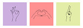 Vector set of female hands in different gestures: heart made with fingers, ok gesture, crossed fingers. Trendy cards design templates for symbols or emblems