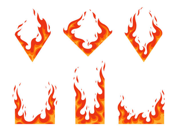 火フレームのベクトルセット。熱い、力の熱、エネルギー可燃性のイラストを燃やす。ダイヤモンドの形をした炎と、異なるデザインのための長方形 - ファイヤーパターン点のイラスト素材／クリップアート素材／マンガ素材／アイコン素材