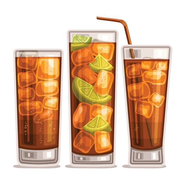 Vector set of fizzy Drinks Vector set of fizzy Drinks: 3 glossy glasses with alcohol cocktail cuba libre, cubes of ice in highball with cola, sliced lime in long island iced tea, cold cocktail whisky cola with straw on white. highball glass stock illustrations