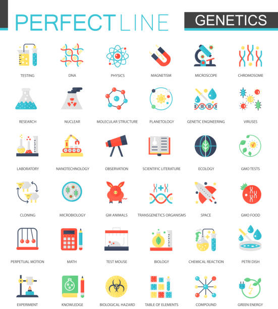 vektor-set von flachen biochemie genetik icons. - food data stock-grafiken, -clipart, -cartoons und -symbole