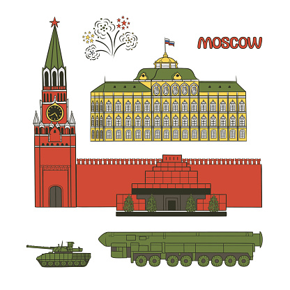 Vector set of flat illustrations of the historical attractions of Moscow, Russia. Modern weapons in the victory parade and architectural monuments. Place for tourists during the journey