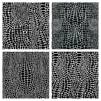 Vector set of four seamless patterns with crocodile or alligator skin. Monochrome leather wallpapers. Black and white animal backgrounds. Collection of print camouflage illustrations.