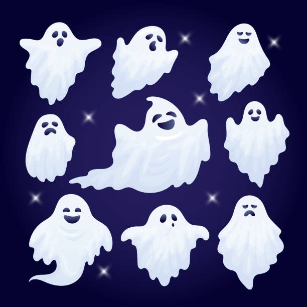 ilustraciones, imágenes clip art, dibujos animados e iconos de stock de conjunto de vector de caracteres de fantasma de halloween divertidos. - ghost