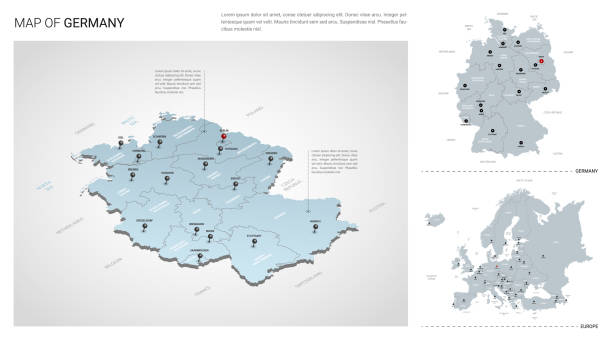 德國國家的向量集。 等軸測 3d 地圖、德國地圖、歐洲地圖 - 帶有區域、州名和城市名稱。 - 德國 幅插畫檔、美工圖案、卡通及圖標