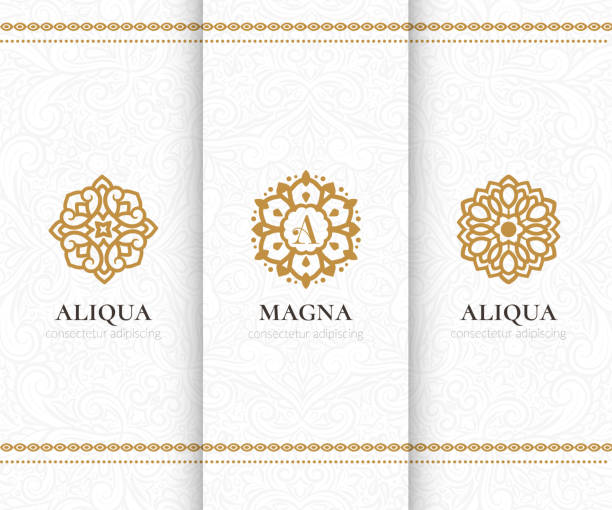 Vector set of golden mandala emblems. Elegant, classic elements. Can be used for jewelry, beauty and fashion industry. Great for logo, invitation, flyer, menu, background, or any desired idea. Vector illustration. arabic style stock illustrations