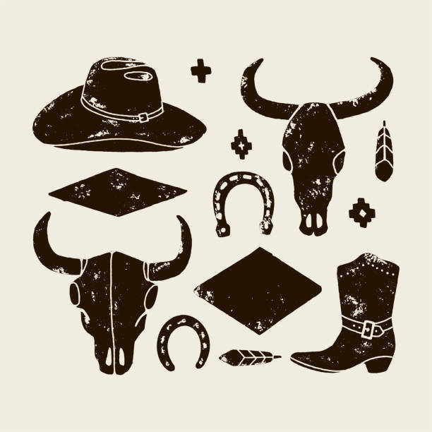 Vector set of hand draw elements of the wild West on a white background. Vector set of hand draw elements of the wild West. Cowboy Western icons in monochrome. Design elements for logo, label, emblem, sign, badge. Cowboy hat, boots, cow skull, horseshoe, feather police hat stock illustrations