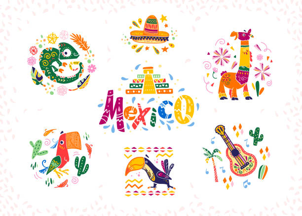 Vector set of hand drawn decorative arrangements with traditional Mexican symbols and elements Vector set of hand drawn decorative arrangements with traditional Mexican symbols and elements - Mexico lettering, decor, sombrero, guitar, cactus, llama, parrot,  etc. isolated on white background. viva mexico stock illustrations