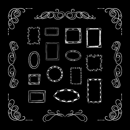 Vector set of hand drawn doodle frames isolated on white background, white chalk drawings set, simple freehand, filigree frame.