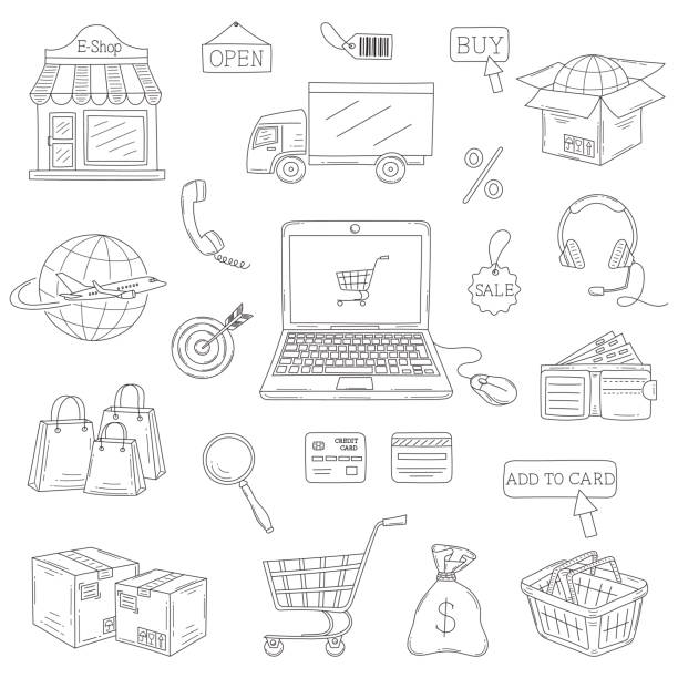 Vector set of hand drawn e-commerce icons set Vector set of hand drawn e-commerce icons set isolated on white background. store drawings stock illustrations