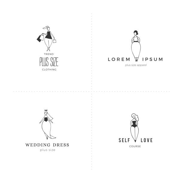 Vector set of hand drawn icons with text. Body positive concept. Attractive happy overweight women. Vector set of hand drawn icons with text. Body positive concept. Attractive happy overweight women. Love your body. For large-size clothing stores. big fat girl drawing stock illustrations