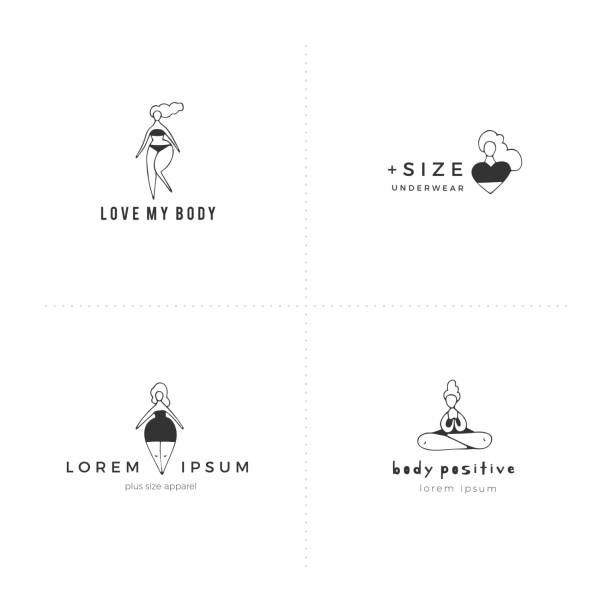Vector set of hand drawn icons with text. Body positive concept. Attractive happy overweight women. Vector set of hand drawn icons with text. Attractive happy overweight women. For large-size clothing stores. Love your body. Body positive concept. big fat girl drawing stock illustrations