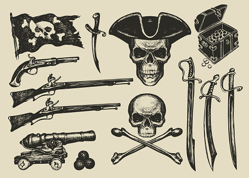 Vector set of hand drawn illustrations on a pirate theme