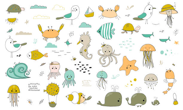 Vector set of hand drawn sea creatures Vector set of hand drawn ocean creatures. Ocean marine world. For children fashion and stationery, nursery, scrapbooking, home decor and textile, surface design. Part of a sea animals collection. simple fish drawings stock illustrations