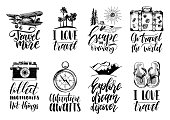 Vector set of hand lettering with phrases about traveling and sketches of touristic symbols. Illustrated inspirational quotes collection for journeys.