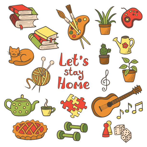 Vector set of hand-drawn doodle home activities, hobbies. Stay home Vector set of hand-drawn doodle home activities, hobbies: drawing, knitting, guitar, indoor plants, books and reading, tea drinking, board games. Stay home hobbies stock illustrations