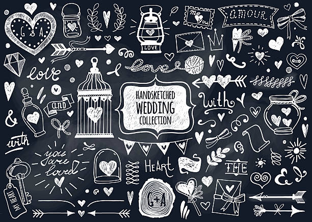 Vector set of hand-drawn Wedding elements. Set of Ornamental Wedding Style Elements. Arrows, heart, text, ribbon, beautiful bottles, catchwords and other elements. wedding drawings stock illustrations