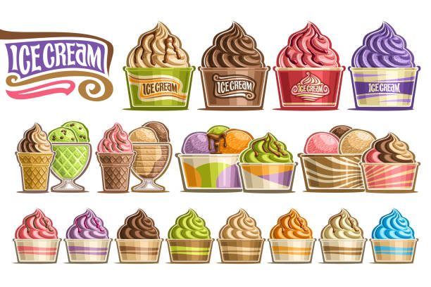 Vector set of Ice Creams Vector set of Ice Creams, 16 cut out illustration of variety icecreams on white background, collection of different ice creams dripping sauce in paper and glass containers with fruits ingredients. bowl of ice cream stock illustrations