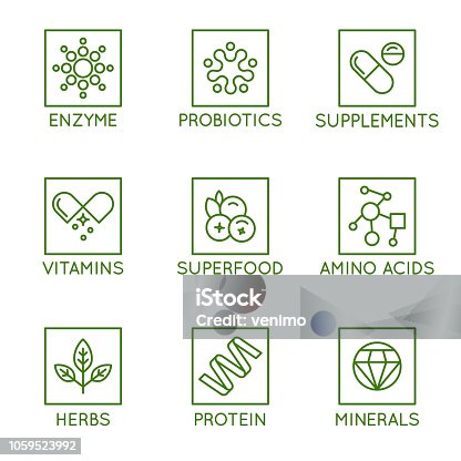 istock Vector set of icons and badges for packaging for natural health products, vitamins, supplements 1059523992