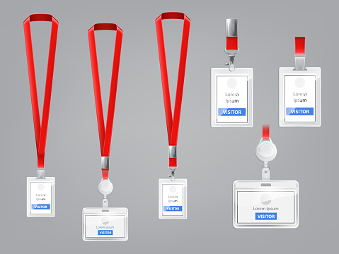 Vector set of ID cards, badges with red lanyards