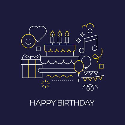Vector Set of Illustration Happy Birthday Concept. Line Art Style Background Design for Web Page, Banner, Poster, Print etc. Vector Illustration.