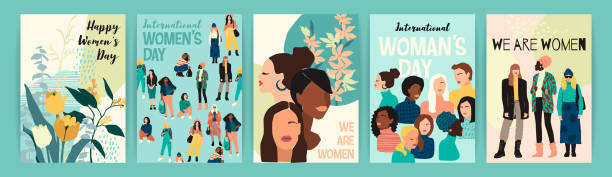stockillustraties, clipart, cartoons en iconen met vectorreeks illustraties met abstracte vrouwen met verschillende huidkleuren. internationale vrouwendag. strijd voor vrijheid, onafhankelijkheid, gelijkheid. - womens day poster