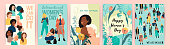 Vector set of illustrations with abstract women with different skin colors. International Womens Day. Struggle for freedom, independence, equality. Lifestyle, street fashion.