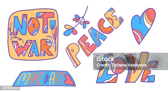 istock Vector set of illustrations with the inscription Not war, Make love, Peace, Love, hippie style 1371551041