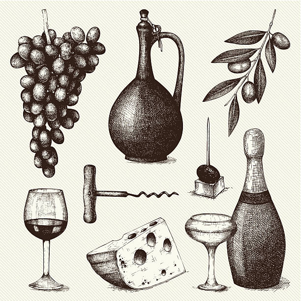 Vector set of  ink hand drawn wine and food Vector set of  ink hand drawn wine and food  illustration isolated on vintage background for menu or restaurant design. cheese drawings stock illustrations