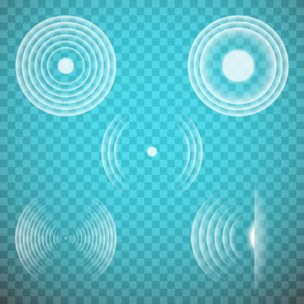 Vector set of isolated transparent sound waves design elements. Sonic resonance. Vector set of isolated transparent sound waves design elements. Sonic resonance, radio frequency, energy radiation, vibration, sound emitting themed illustrations, abstract icons or symbols. shaking stock illustrations