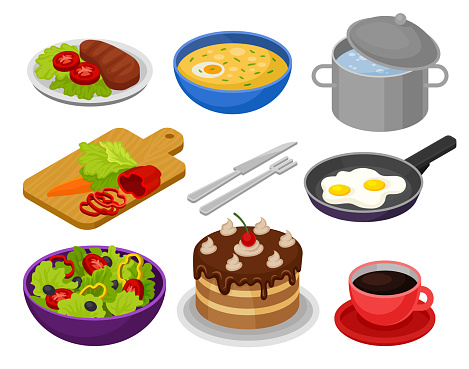 Vector set of isometric food icons. Fried eggs, bowl of soup, cake, vegetable salad, cup of coffee