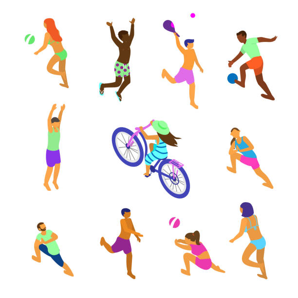 ilustrações de stock, clip art, desenhos animados e ícones de vector set of isometric people of different ethnicity doing summer sports. - futebol de praia