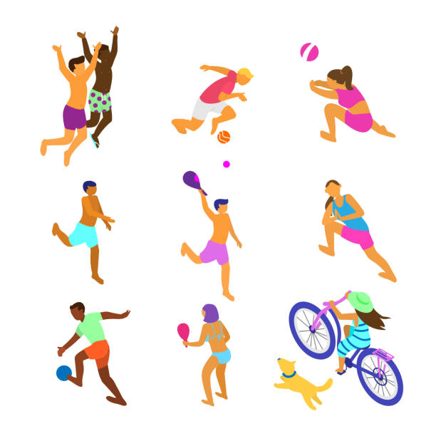 ilustrações de stock, clip art, desenhos animados e ícones de vector set of isometric people of different ethnicity doing summer sports - futebol de praia