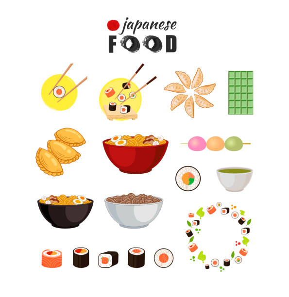 白い背景に分離された日本食のベクターセット、カラフルなイラスト、伝統的。 - うどん 上から点のイラスト素材／クリップアート素材／マンガ素材／アイコン素材