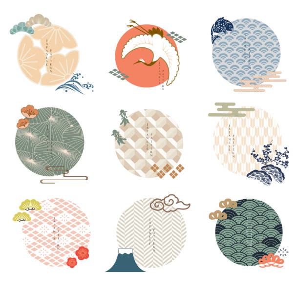 日本のアイコンとロゴテンプレートのベクトルセット。アジアの伝統的なスタイルの幾何学模様。波、梅の花、桜の花、鯉の魚、雲と盆栽の要素。 - 松　日本点のイラスト素材／クリップアート素材／マンガ素材／アイコン素材