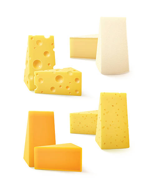 Vector Set of Kind Cheese Cheddar Bri Camembert Vector Set of Triangular Pieces of Various Kind of Cheese Swiss Cheddar Bri Camembert Close up Isolated on White Background cheddar cheese stock illustrations
