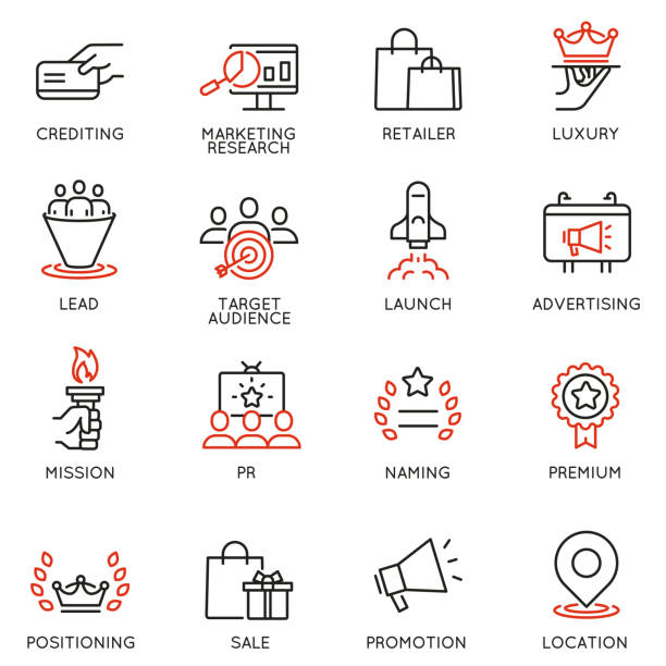 ilustraciones, imágenes clip art, dibujos animados e iconos de stock de conjunto vectorial de iconos lineales relacionados con el proceso de gestión empresarial, la promoción de publicidad y el marketing. pictogramas monoline e elementos de diseño de infografías - market research