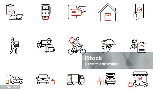 istock Vector Set of Linear Icons Related to Express Delivery Process, Delivery Home, Contactless and Order Curbside Pickup Online. Mono line pictograms and infographics design elements 1317478729