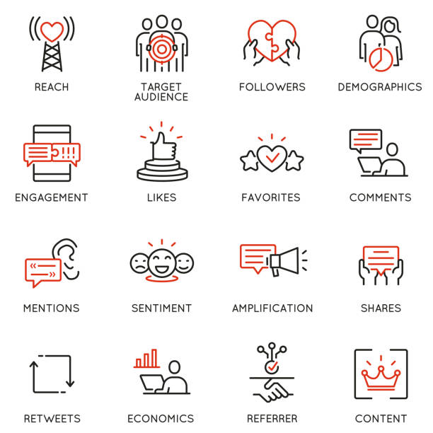 illustrations, cliparts, dessins animés et icônes de ensemble vectoriel d’icônes linéaires liées aux services de marketing et de promotion des médias sociaux. pictogrammes en ligne mono et éléments de conception d’infographies - partie 5 - impact