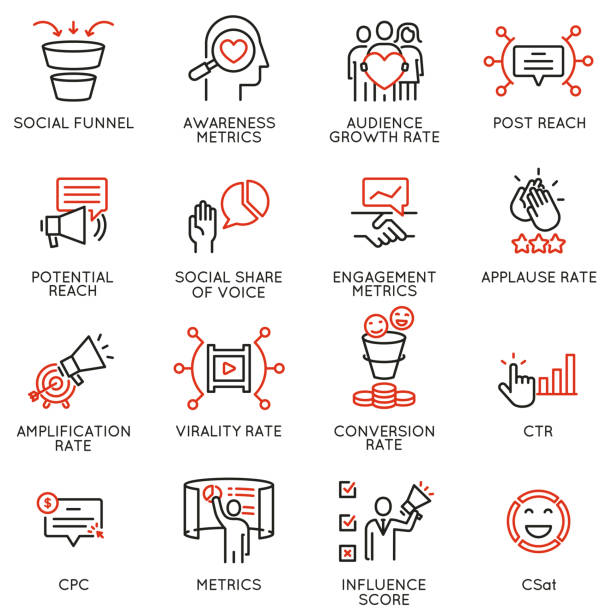 Vector set of linear icons related to influence marketing and social media promotion services. Mono line pictograms and infographics design elements - part 8 Vector set of linear icons related to influence marketing and social media promotion services. Mono line pictograms and infographics design elements - part 8 lead stock illustrations