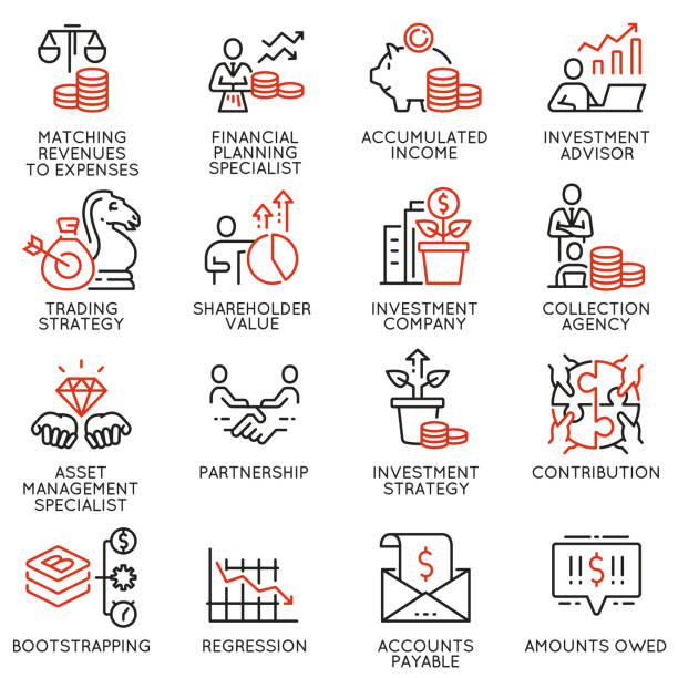 Vector set of linear icons related to investment, financial advice and business management. Mono line pictograms and infographics design elements - part 2 Vector set of linear icons related to investment, financial advice and business management. Mono line pictograms and infographics design elements - part 2 shareholder stock illustrations