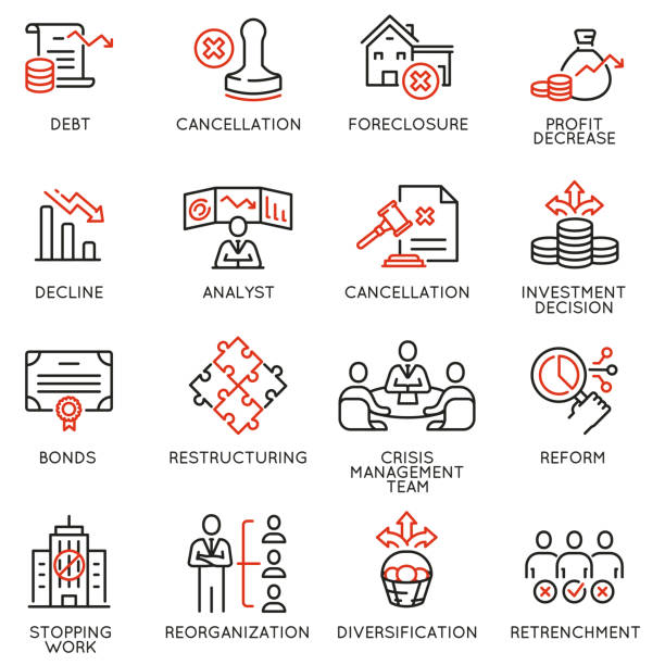 Vector Set of Linear Icons Related to Profit Decline, Finance Regression, Stagnation. Mono line pictograms and infographics design elements - part 2  inflation stock illustrations