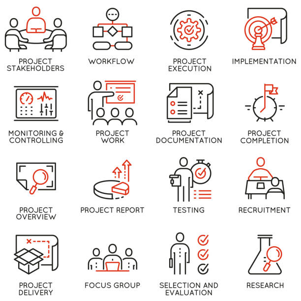 Vector set of linear icons related to project management. Mono line pictograms and infographics design elements - part 3 Vector set of linear icons related to project management. Mono line pictograms and infographics design elements - part 3 execution stock illustrations