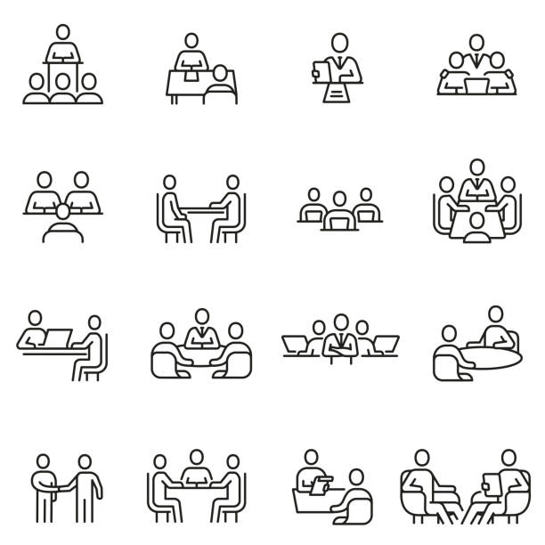 wektorowy zestaw liniowych ikon związanych z zespołem, dyskusją, spotkaniem i wywiadem. monoliniowe piktogramy i elementy projektowe infografiki - interview stock illustrations
