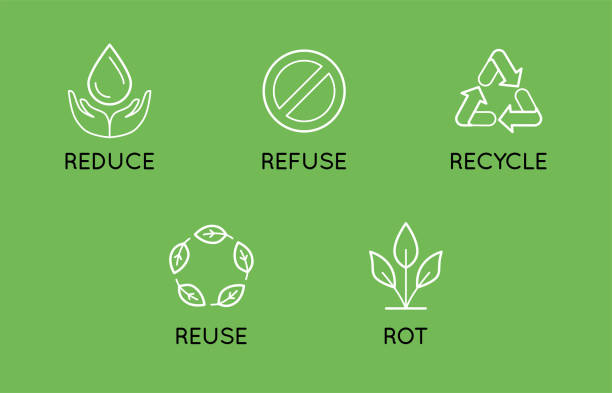stockillustraties, clipart, cartoons en iconen met vector set van lineaire eenvoudige iconen-zero waste concept-5 principes van duurzaam en kunststof vrije leven-verminderen, weigeren, recycleren, hergebruiken, rot - gerecycled materiaal