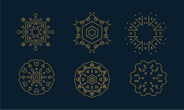 Vector Set Of Linear Style Monogram, Logo Design Templates Isolated On Background. Emblems For Company Logotype, Luxury Boutiques, Jewelry Shops. Logo design templates collection. Thin line abstract vector illustrations with editable strokes. Geometrical, ornamental, Arabic style. Linear monograms and symbols set. Emblems for company logotype, luxury products, boutiques, jewelry, shops, oriental restaurants. Golden color icons isolated on dark blue background kaleidoscope stock illustrations
