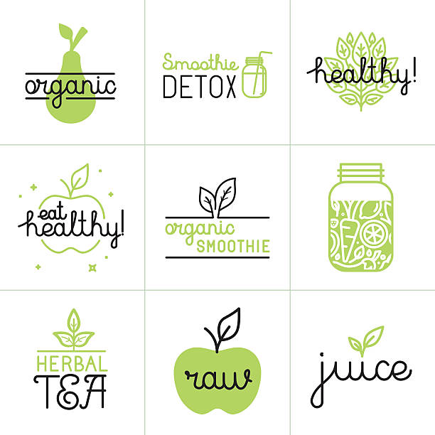 Vector set of logo design elements and badges Vector set of logo design elements and badges in trendy flat and linear style - healthy eating, detox smoothie, herbal tea and organic juice smoothie silhouettes stock illustrations
