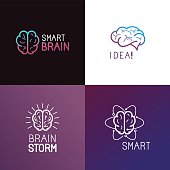 Vector set of logo design elements and abstract concepts in trendy linear style related to brainstorming, idea generating, personal growth and mental control - mono line icons and signs