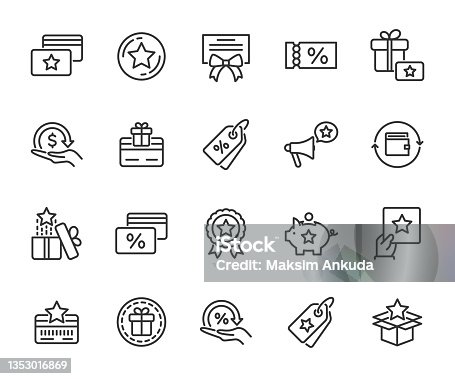 istock Vector set of loyalty program line icons. Contains icons cashback, bonus card, discount coupon, promotion, gift certificate, rewards program and more. Pixel perfect. 1353016869