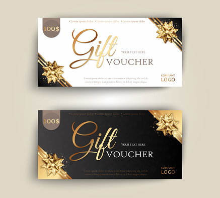 Vector set of luxury red gift vouchers with ribbons and bow. Elegant template for a festive gift card, coupon and certificate. Discount Coupon Template. Vector Illustration EPS10