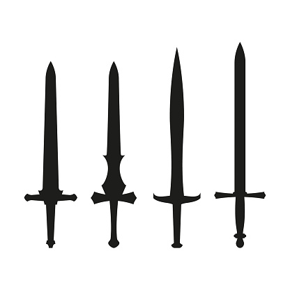 Vector set of medieval knight swords. Black isolated silhouette on a white background.